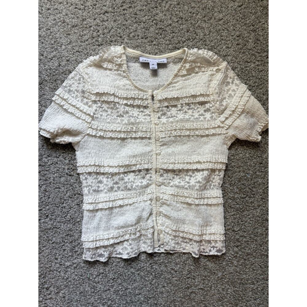 And Now This Petite Lace Ruffle Blouse Cream Sheer Button Front Cottagecore PP